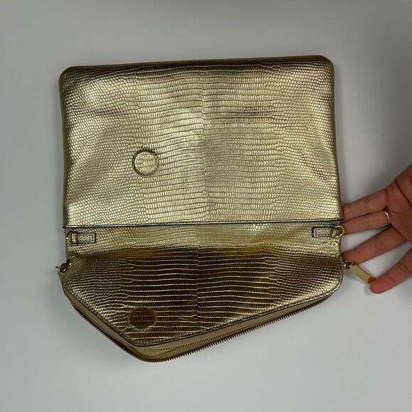 Henri Bendel Gold Lizard Embossed Leather Foldover Clutch - Picture 7 of 8